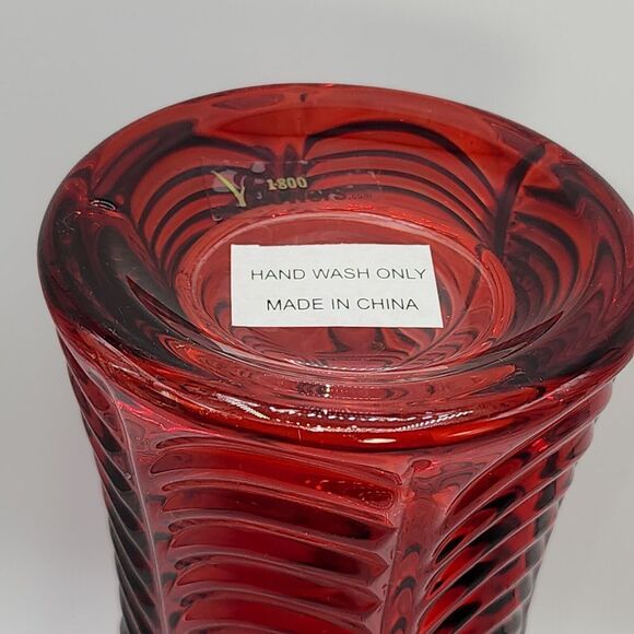 High 9.5in Embossed Flared Glass Vase Art Deco Style Design Red - Picture 5 of 10
